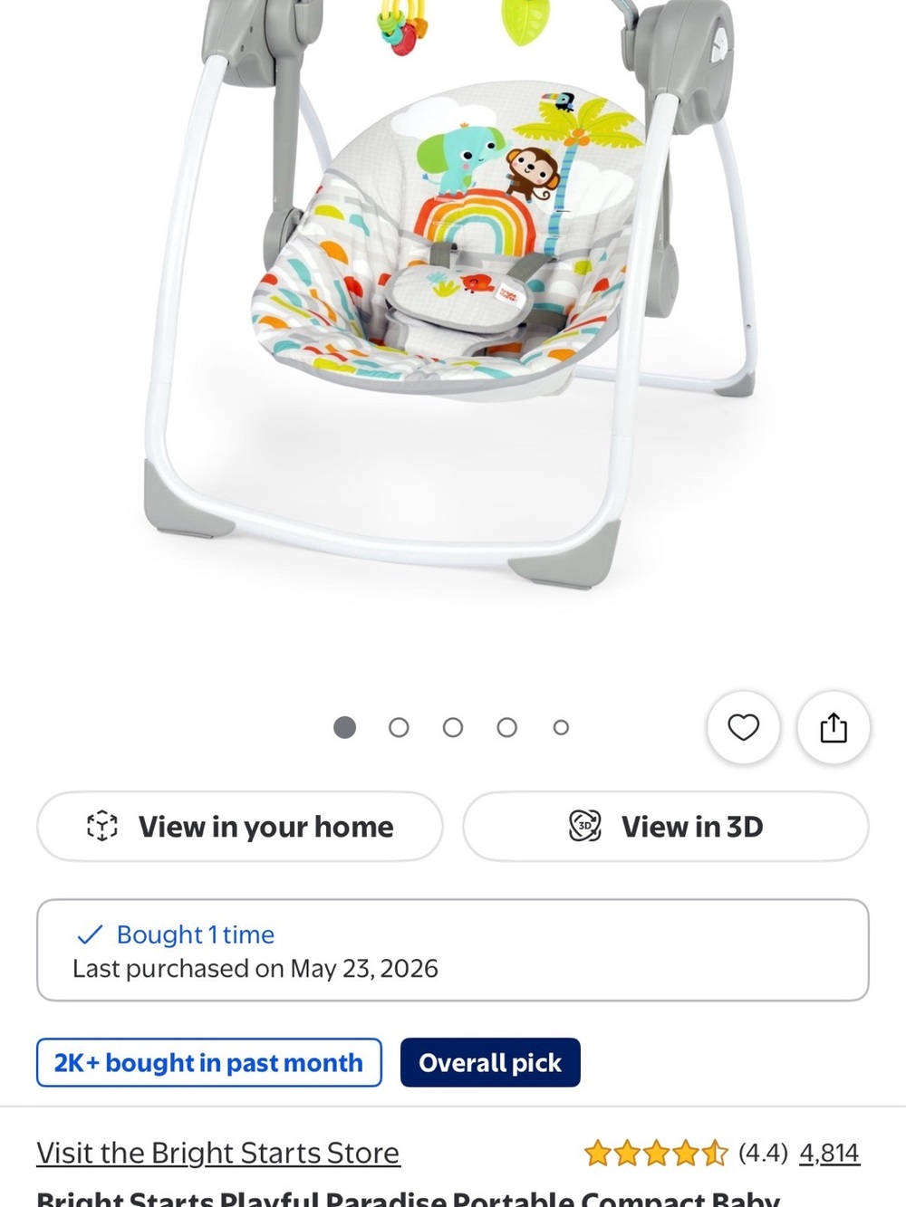 Bright Starts Gray Baby Swing with Rainbow Print Travel Friendly!